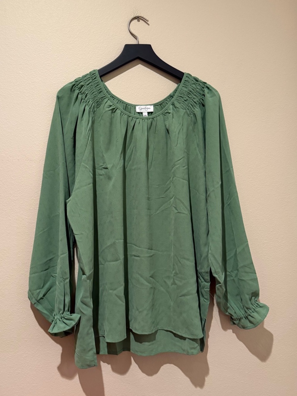 Jessica Simpson Olive Green Smocked-Neck Peasant Blouse